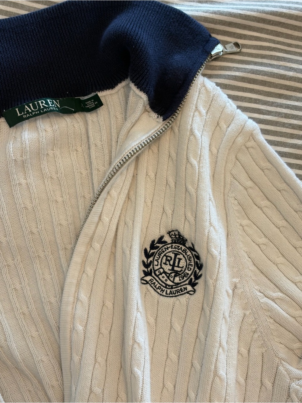 Ralph Lauren women’s  Cream Cable-Knit Half-Zip Sweater with Navy Collar